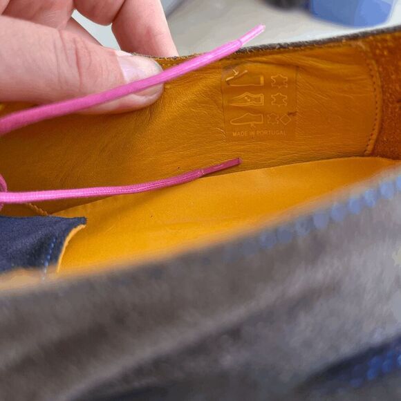 Undandy Navy Gray Suede Derby Shoes Sz 45/11.5 Pink Laces Yellow Lining - Picture 3 of 14